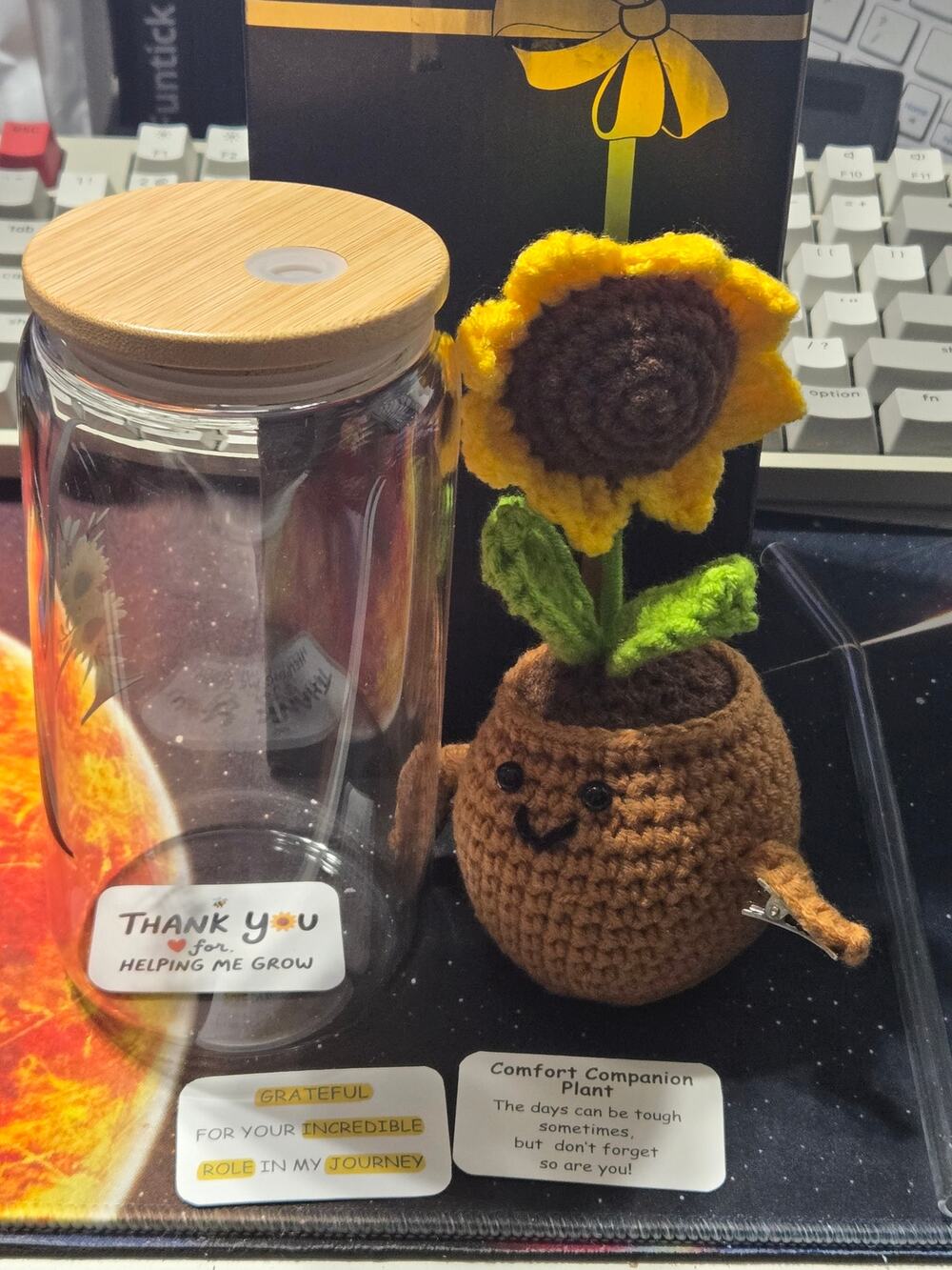 Letter A Glass Straw Cup Crochet Sunflower Thank You Gift Set New Open Box